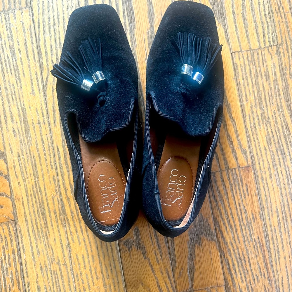 Franco Sarto Black Suede Loafers with Tassels GUC